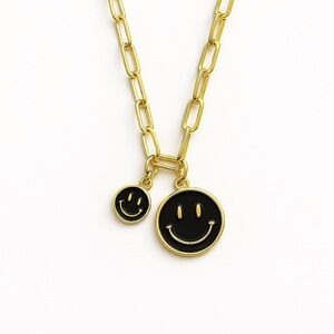 Gold Smiley Face Pendant Necklace – Black Enamel Double Charm ✨